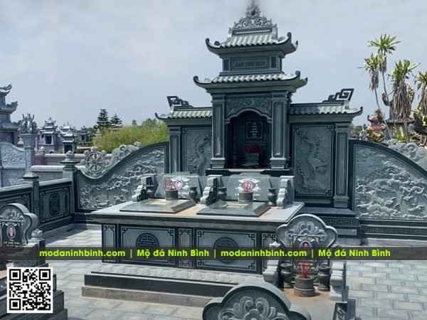 Mộ đá đôi đẹp, trang trọng, sắc nét, tinh tế bằng đá xanh rêu cho Ông Bà/Cha Mẹ
