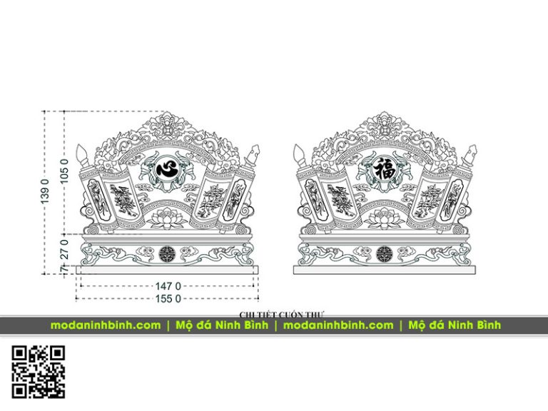 Bản vẽ Cuốn thư đá rộng 155cm x cao 139cm cho khu lăng mộ gia đình