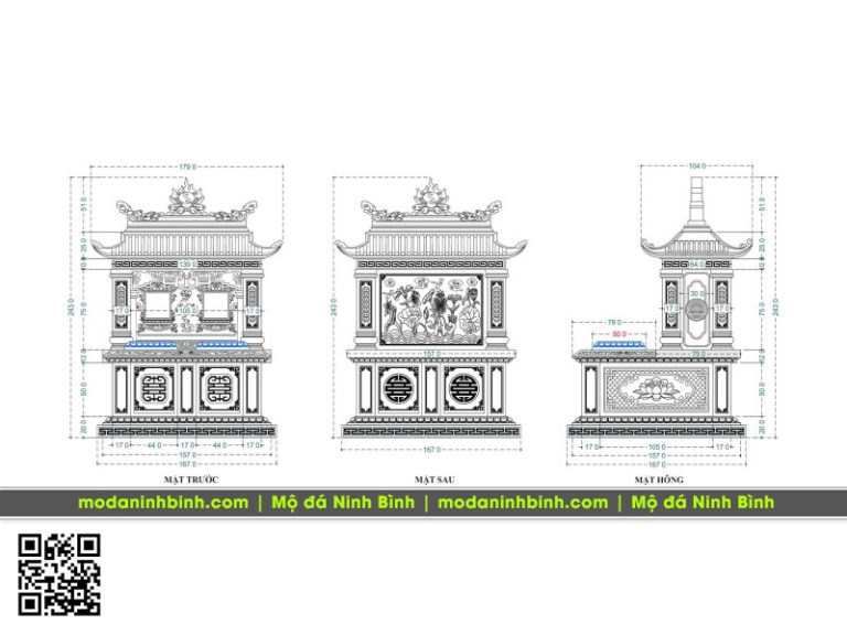Bản vẽ thiết kế Mẫu Mộ đôi 1 mái – Mộ đá đôi 1 mái đẹp (KT 167x167cm)
