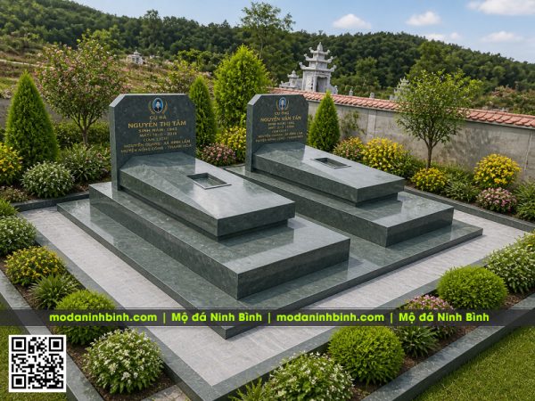 Mộ đá xanh rêu 2 cấp đẹp - Mẫu Mộ đá chôn 1 lần tại Làng đá Ninh Bình