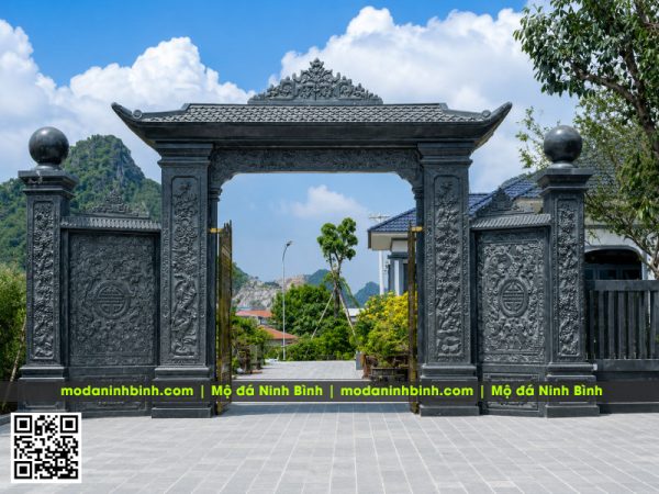 Cổng đá từ đường 1 mái đẹp, bề thế, đá xanh rêu Thanh Hóa