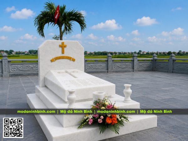 Mẫu Mộ Công giáo đá trắng nguyên khối, thiết kế 3 cấp hiện đại